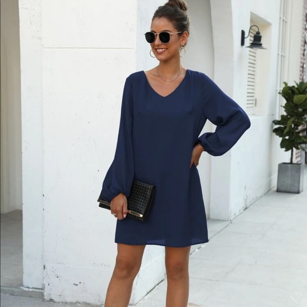 Long lantern sleeve dress v neck maroon burgundy - Picture 8 of 8
